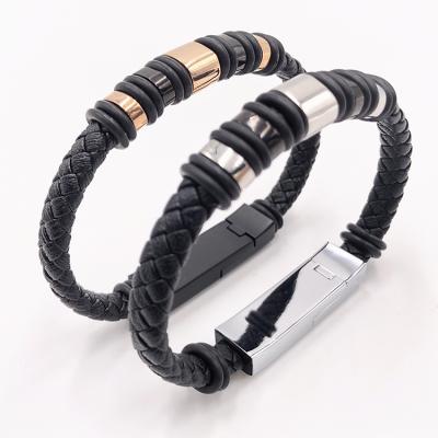 China Men And Women Leather Short Charging Wristband 20cm USB Data Cable For Iphone Micro Type C Charger for sale