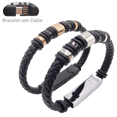 China Custom Logo USB Cable Charging Data Cable USB Wristband For Portable Mobile Phone Real Leather for sale