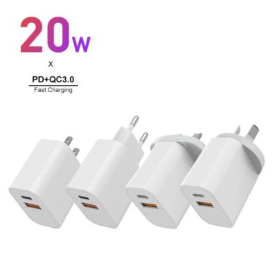 China 20w 18w Fast Charging Mobile Phone 20w 18w Fast Charging USB C PD QC3.0 Dual Wall Fast Charger Adapter For iPhone 12 UK for sale