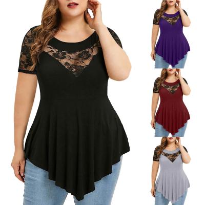 China New Fashion Breathable Women Plus Size Irregular Round Neck Women's Floral Short Sleeve Lace Edge Sheer Blouse for sale