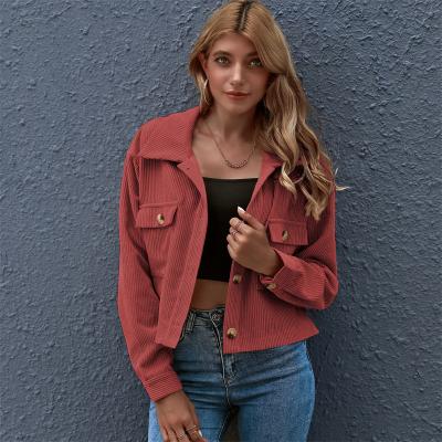 China Women's breathable jackets and coated corduroy 2021 falls casual solid wide wale corduroy jacket plain crop top shirts with front pockets for sale