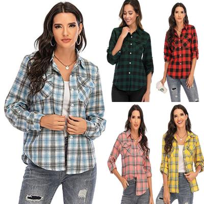 China Autumn and Winter New Style Women's Long Sleeve Plaid Shirt Contrast Breathable Collar Button Down Plaid Shirt Lapel Shirt for sale