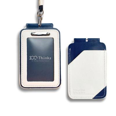 China Leather Design Premium Leather Credit Card Double Color ID Badge Holder Navy Blue for sale