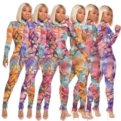 China 2021 Breathable Print One Piece Overalls For Mature Women Print Autumn Jumpsuit Rompers Skinny Set for sale