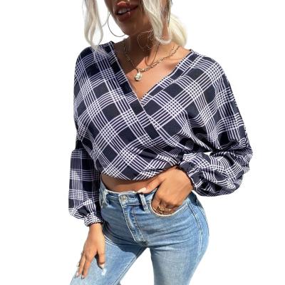 China Anti-pilling Plaid Shirt V-Neck Women Fall Shirts Fashion Long Sleeve Plaid Shirt Woman for sale