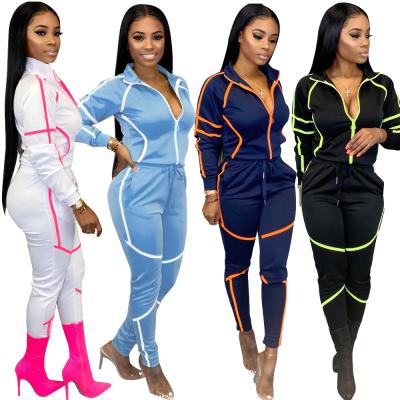 China Sustainable Women Fall Two Piece Fashion Sportswear Color Block Long Sleeve Sport Set Turn Down Collar Womens Tracksuits With Zippers for sale