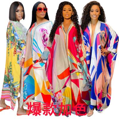 China 2021 breathable new style printed V-neck casual loose women's long dress for plus size for sale