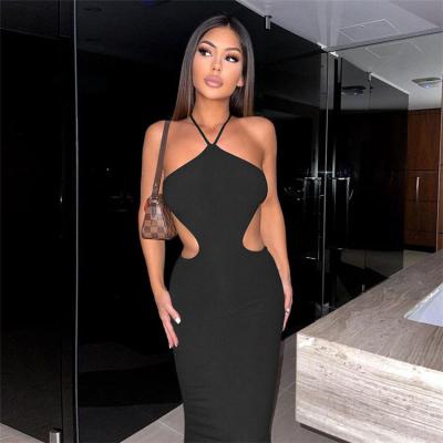 China High Quality Breathable Sheer Color Halterneck Backless Bandage Women Bodycon Dress Long for sale