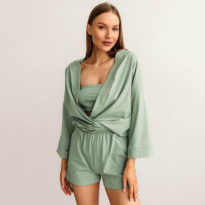 China Breathable Loungewear New Summer Simple Wrap Cardigan Women's Three-Piece Set for sale