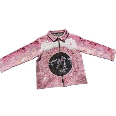 China Custom Pink Women's Anti-Wrinkle Top Tapestry Jacket Outwear Cardigan Coat Woven Rug Tie Dye Blanket Zipper Cardigan Sweater for sale