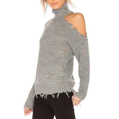 China Breathable High Quality Collared Top Chill Knitted Women Distressed Sweater for sale