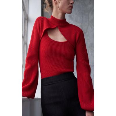 China Anti-Wrinkle Women Knit Top Sweater Two Piece Set Custom Lady Women Cashmere Wool Knit Bolero Tank Sweater 2 Piece Set for sale