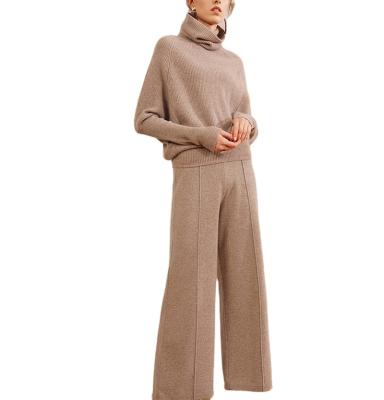 China Plain Knitted Turtle Neck Wool Cashmere Sweater Female Pant Suit Women's Cashmere Anti-Shrink Sweater 2 Piece Set Women Knit Two Piece Set for sale