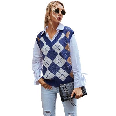 China 2021 Autumn Wholesales Anti-Wrinkle Sleeveless Plaid Sweater Vest Diamond Women's V-Neck Knit Sweater Vest for sale