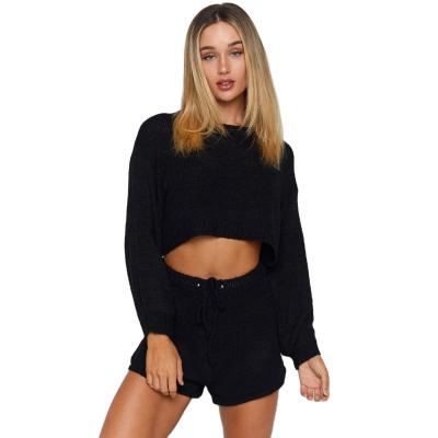 China 2021 new Anti-wrinkle fashion women sweaters cropped tops and shorts solid colors knit corp sexy sweater. women's set of 2 pieces for sale