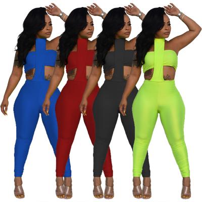 China New 2021 Bodycon Rompers Women's Bandige Solid Color Candy Color Breathable Tighter Waist Club Two Piece Jumpsuit for sale