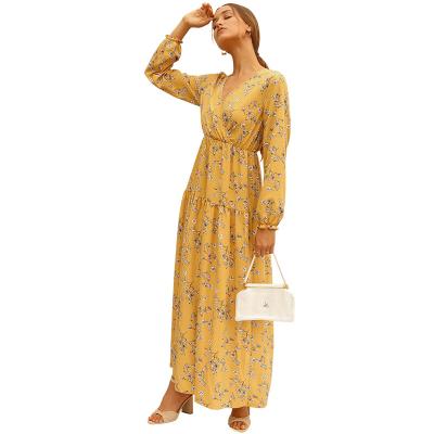 China Boho Floral Print Long Sleeve Retro Vacation Long Dress V Neck Wild Casual Anti-Static Casual Outfits for sale