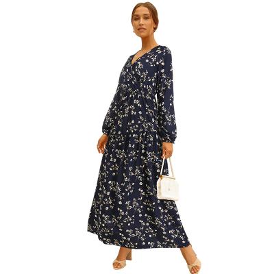 China Floral Print Retro Loose Canvas Holiday Long Sleeve Anti-Static V-Neckline Pleated Casual Dressess Simple Lace Up Pleated Dressess for sale