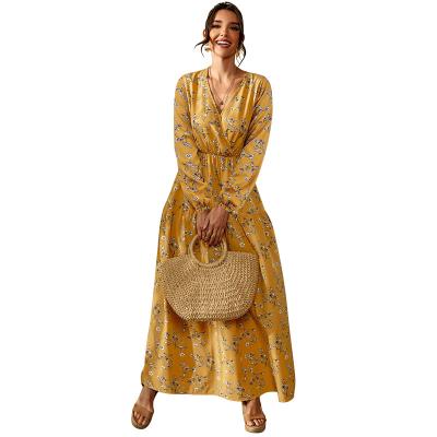 China Floral print boho retro loose casual long sleeves anti-static simple lace up pleated casual holday dresses for sale