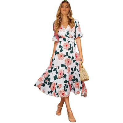 China 2021 Anti-Static Women Dress Long Retro V Neck Sleeves Pleated Floral Print Short Boho Plus Size Vacation Beach Casual Outfits for sale