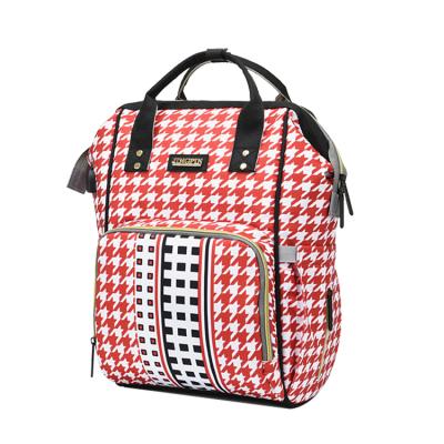 China 2021 Fashion Plaid Mom Waterproof Red Backpack Three in One Waterproof Large Capacity Baby Diaper Backpack for sale