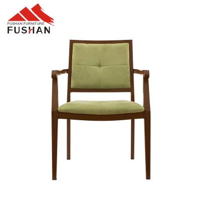 China Durable Hot Selling Elegant Restaurant Upholstery Fabric Armrest Stacking Aluminum Wood Grain Dining Chair for sale