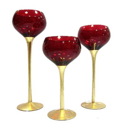 China Wholesale Set of 3 Gold Long-stemmed Glass Candlestick Candlestick Holder Blown Tealight Holders for sale