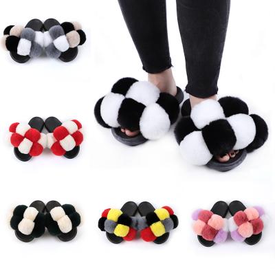 China 2021 Fashion Trend New Spring and Summer Sandals and Slippers Women Shape Pom Pom Furry Fur Slippers Ladies Fur Slippers for sale