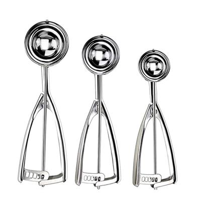 China Stocked 304 Stainless Steel Spring Handle Cookie Scoop Dig Ball Fruit Spoon Ice Cream Spoon for sale