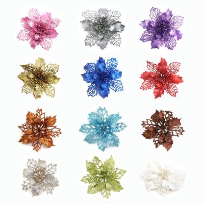 China 11CM Eco-friendly Hot Selling Christmas Flower Hollow Leaf Glitter Artwork Ornament Artificial Flower for sale