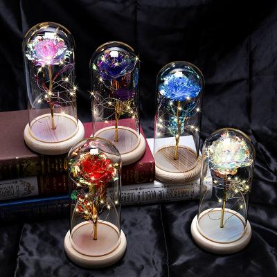 China Rose Gold Foil Rose Led Lamp 24k Beautiful Colorful Artificial Flower Valentine's Day Gifts In Glass With Lights for sale