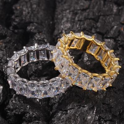 China CLASSIC Gold Iced Out Zircon Baguette Rings Radiant Cut Full CZ Eternity Ring Women for sale