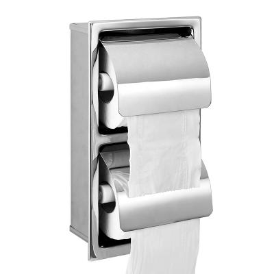 China Eco-friendly Hotel Style Wall Toilet Paper Holder 2 in 1 Staless Steel Double Recessed Toilet Paper Holder With Cover for sale