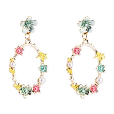 China Fashion Trendy Korean Flower Stud Earrings Colorful Rainbow Enamel Flower Pearl Earrings Zircon for sale