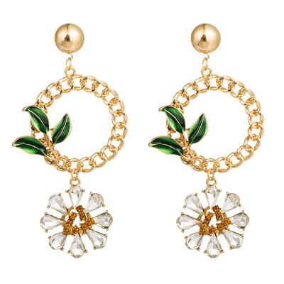 China TRENDY gold plated chain earrings drop earrings enamel green leaf dangle earrings for women for sale