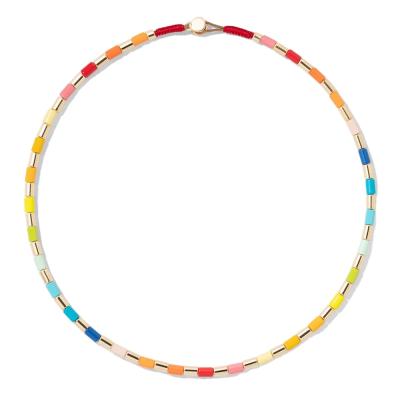 China Factory Wholesale Environmental Friendly Bohemia Rainbow Iridescent Tile Beads Necklace Glazed Tube Bead Necklace In Stock for sale