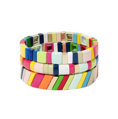 China Hot Sale Environmental Friendly Glod Plated And Enamel Stretch Fruit Stripe Bracelet Sets Fashion Rainbow Jewelry For Women for sale