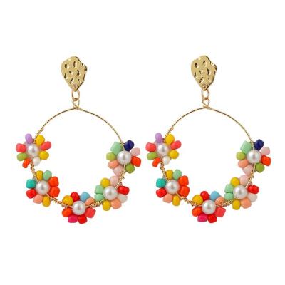 China TRENDY Gold Filled Round Circle Earrings Resin Colorful Crystal Flower Rice Beads Drop Earrings for sale