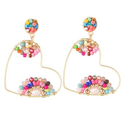 China FASHIONABLE Handmade Multi Color Crystal Seed Beads Wrap Wire Heart Gold Circle Earrings With Pearl for sale