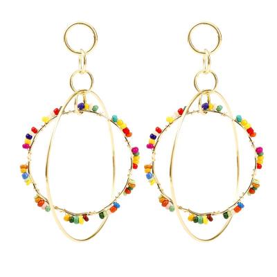 China Fashion TRENDY Design Double Gold Plated Dangle Circle Earrings Multi Colors Seed Beads Big Hook Earrings 2020 for sale