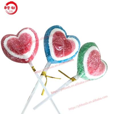 China Natural HALAL Sugar Coated LOVE Jelly Pop Lollipop Candy Heart Shaped Soft Gummy Candies for sale