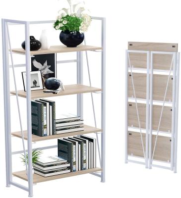 China Modern Convertible Floor Standing Display Folding Iron Framd and Steel Panel 4-Tier Book Shelves Industrial Wood Crate Storage for sale