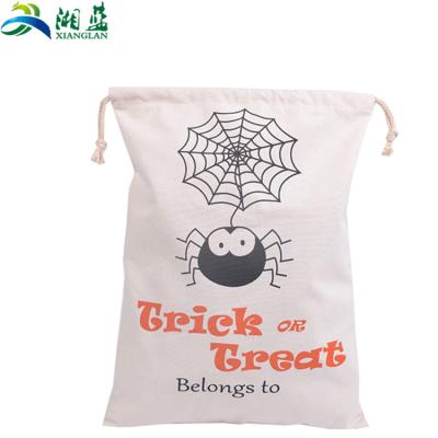 China 100% Customized Eco-friendly Logo Printed Halloween Trick Gold Treat Cotton Muslin Drawstring Pouch Bags for sale