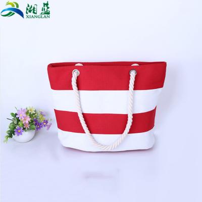 China Eco friendy Fashion Zippered Custom Large Handbag Rope Handle Red Stripe Canvas Women Beach Bag for sale