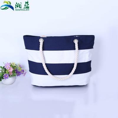 China Custom Made Fashionable Foldable Waterproof Sling Friendy Tote Beach Bag Eco Euramerican Oxford Stripe Zipper for sale