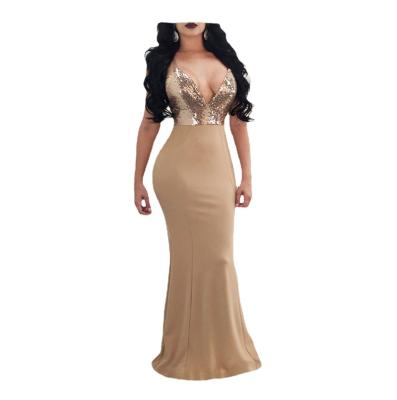 China Anti-wrinkle Europe and America women's sexy sequined deep V dress fishtail sleeveless wiping even dress nightclub for sale