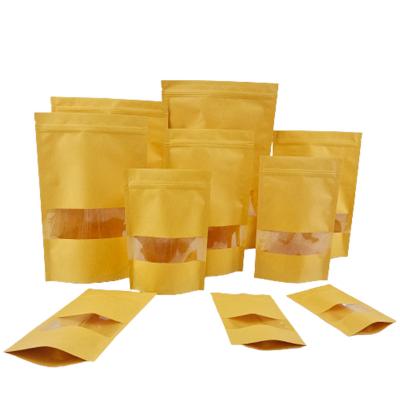 China Custom Safety Brown Biodegradable Paper Bag Food Coffee Tea Candy With Window Flat Bottom Pouch Kraft Paper Plastic Bags for sale