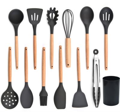 China Sustainable Silicone Kitchen Set Cooking 11 Piece Wooden Shovel Spoon Handle Kitchen Accessories Set for sale