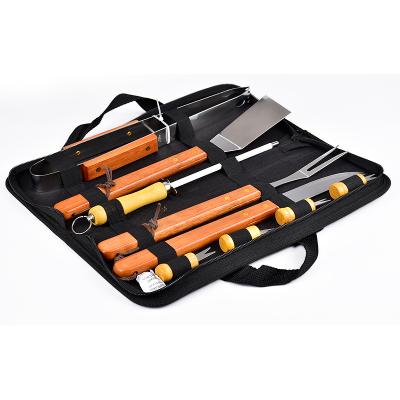 China Easily Cleaned Kitchen Accessories Set New 9 Pcs Wooden Handle Stainless Steel BBQ Grilling Tools for sale