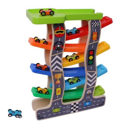 China Education Toys Toddler Toys Ramp Wooden Racer For Boys Girls Wooden Racing Track With 8 Mini Cars for sale